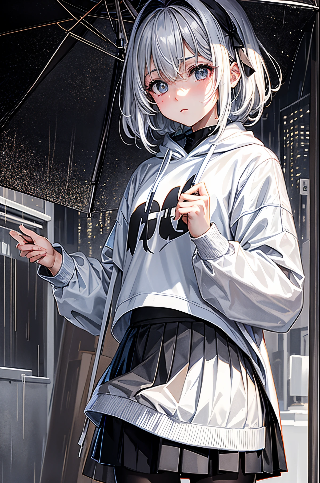 (tmasterpiece,best qualtiy:1.3),extremly high detail,complex,8k,独奏,Clear eyes,The expression is sad,the wallpaper,cinmatic lighting,hoody, Short pleated skirt, the street, exteriors,heavy rain, neonlight