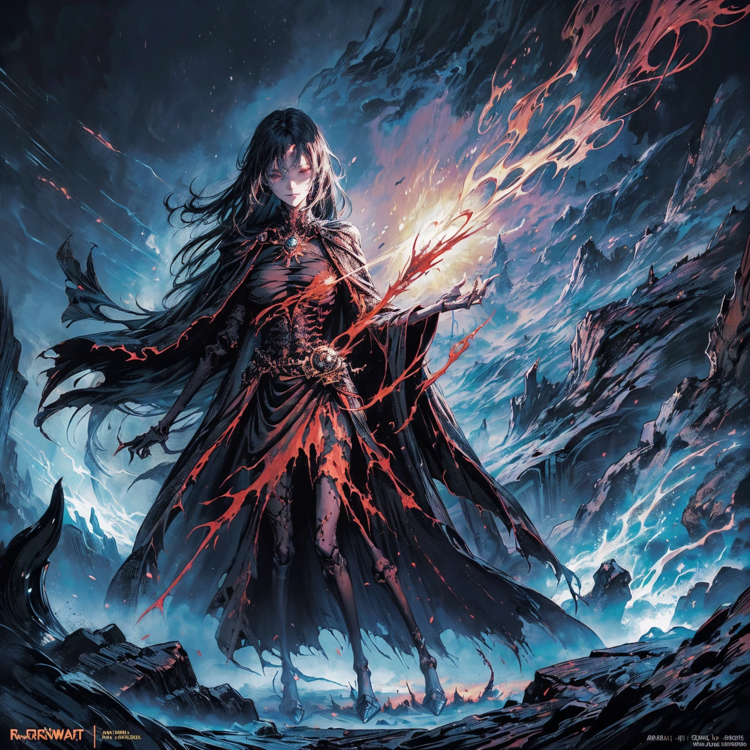 (full body shot:1.5), (Wide-angle lens:1.2), best quality, 4K, high resolution, (masterpiece:1.2), Very detailed, (current:1.37), (Anatomically correct:1.2), Mood lighting, Undead girl in a long cloak, black hair, Whole body including hands & arms & leg & The feet are full of skeleton bones,Except for the head,Still a beautiful face, Wearing a tattered gothic skirt, A sense of alienation, Dangerous sneer, Smiling and crying, Dark Force (StarWar), Force lightning radiates from fingertips, Facing the camera, Pitch black sky, Blood red moon, strange atmosphere, Gothic style, Unforgettable beauty, Dramatic shadows, Ethereal Light, Mysterious atmosphere, Resurrection from the grave, The Black Magic, Dead, Anime characters with black hair, Detailed cover design, Anime epic artwork, detailed key anime art, Be focused, dark fantasy artwork, Anime Fantasy Artwork, Official artwork with high detail, Dark Witch Panorama, Lich Vecna (d&d)