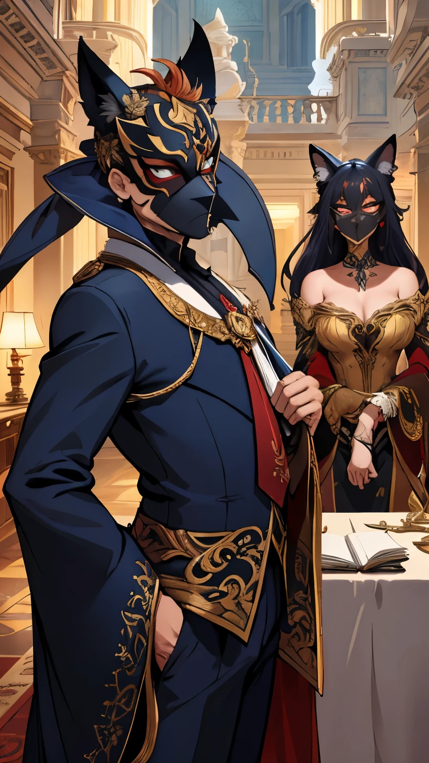 (extremely detailed CG unity 4k wallpaper),(masterpiece),(best quality),(ultra-detailed),(best illustration),(best shadow),(absurdres),(Detailed background), Elegant, wealthy, meeting, Mansion, Group of masked humans, Fox themed masks,