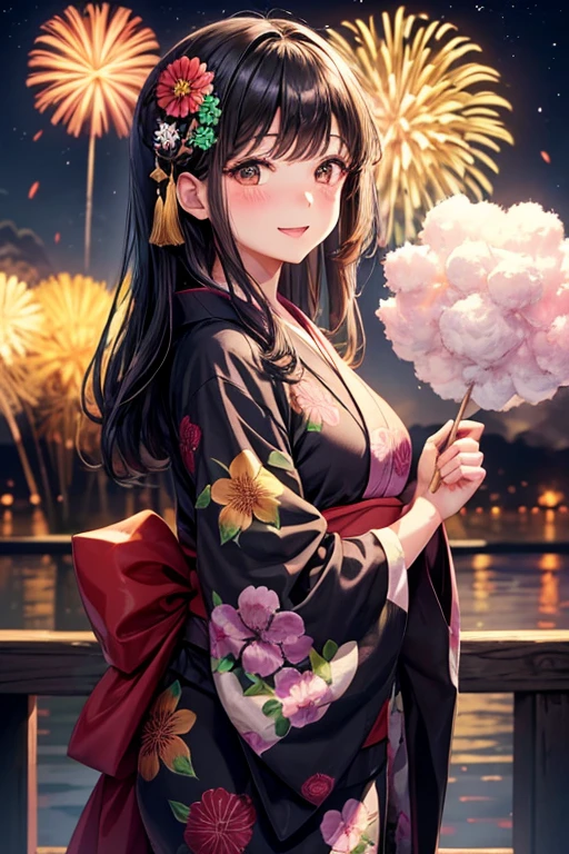 One adult woman,Small ,Black Hair,Medium Long,flower_hair ornaments,Dark brown eyes,水色のyukata,flower柄_yukata,night,firework,blush,A big smile,Holding fluffy cotton candy