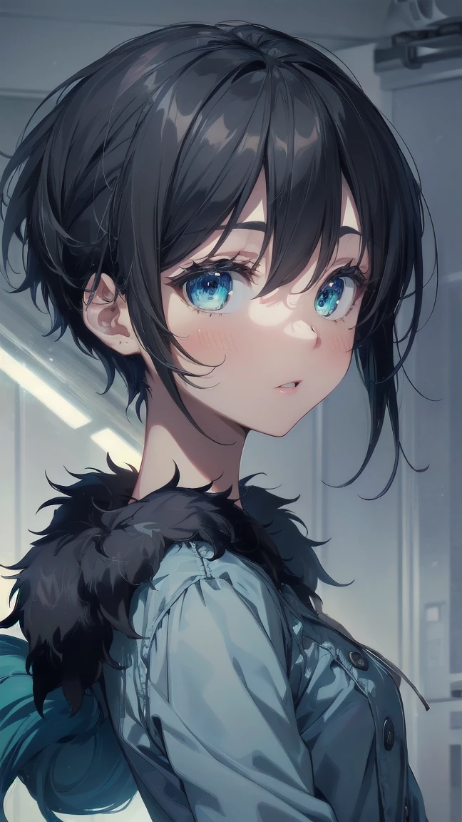 Close-up of a cartoon girl with blue hair and a yellow shirt, 2D Animation, 2D Animation style, 2D Art, 2D Art, 2D from Gorillaz, 2D from Gorillaz, 2D Gorillaz, Screaming Cerket, 2D Sprites, Jinx Face, short hair, Small breasts, hot pants, ((Black Hair, Bright blue fur inside:1.4))