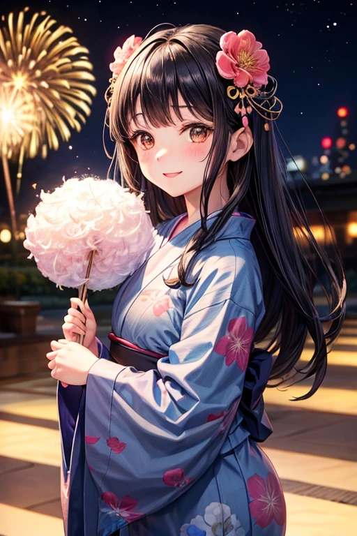 One adult woman,Small ,Black Hair,Medium Long,flower_hair ornaments,Dark brown eyes,light blue_yukata,flower柄_yukata,night,firework,blush,A big smile,Holding fluffy cotton candy