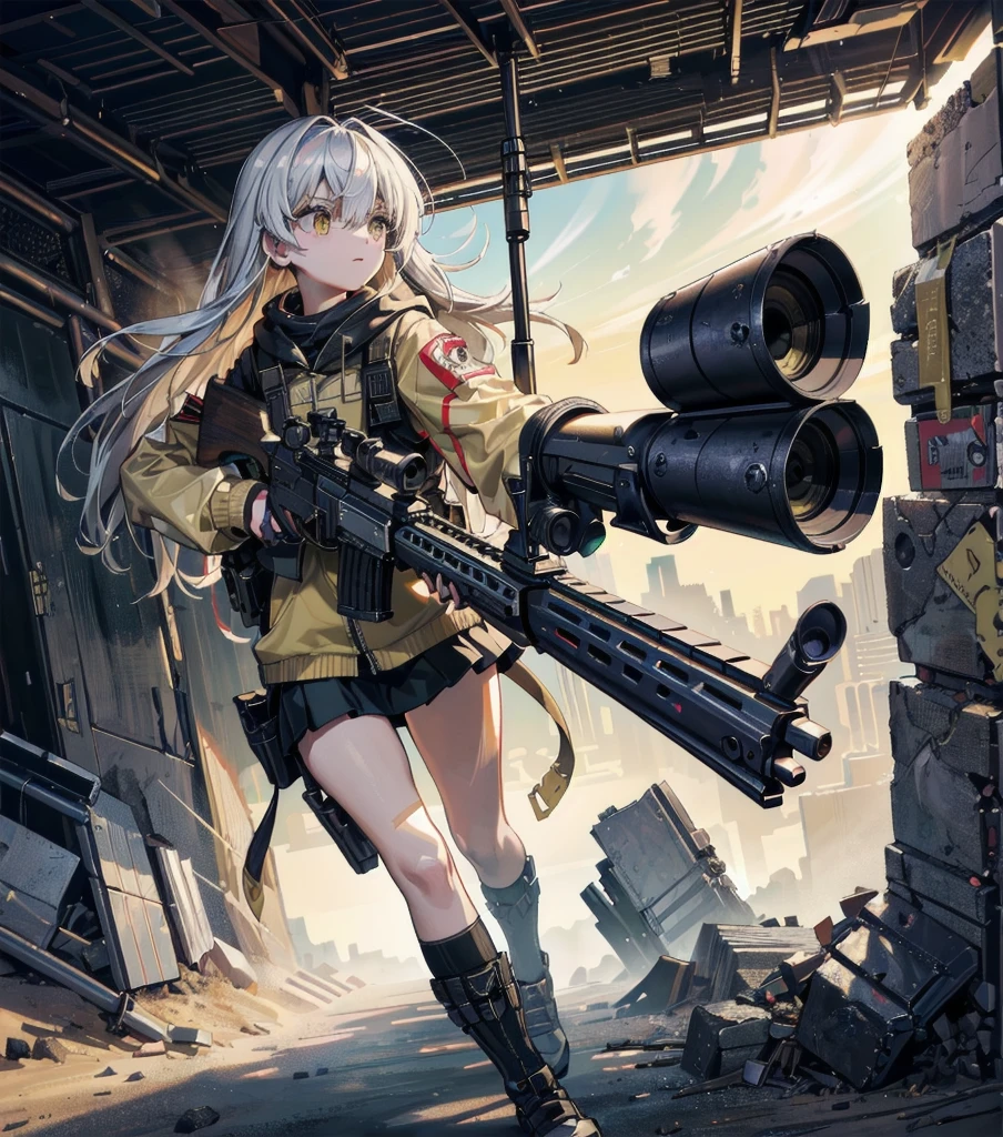 {{masterpiece, Best Quality, Extremely detailed CG, unity wallpaper 8k, cinematic lighting, Lens flare}}, a girl shooting a rifle, wide view, Whole body, thick body, (holding gun, holding the rifle,aiming,aim:1.4), pistol, h&a hk416, rifle, open fire, shooting,