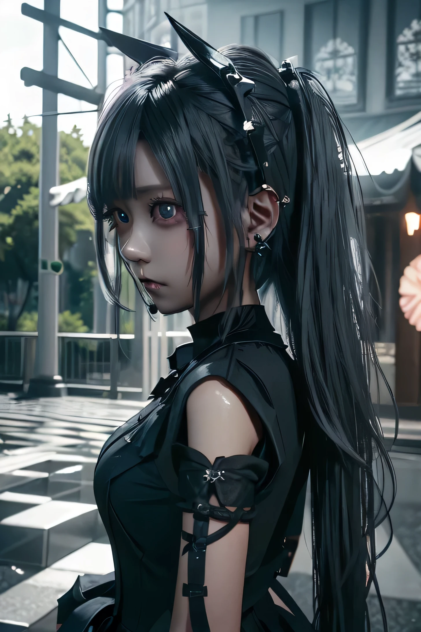 One girl, blonde twin-tail hair,((look at front))) wearing a black shiny gothic dress (shiny fabric, feels wet), lots of metal accessories, sunny gothic park in the background.