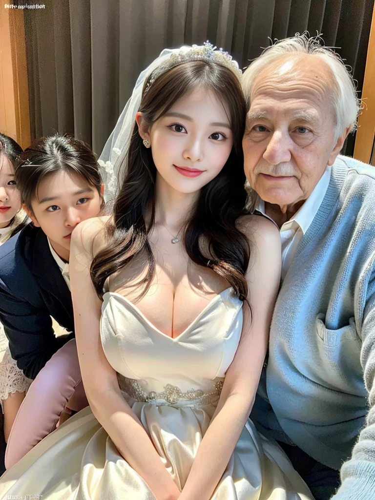 (A super cute Korean high school girl in a wedding dress snuggles up to her elderly grandfather for a family photo:1.2)(A carefree smile:1.1)(Beautiful Sweat:1.1)(16K, RAW Photos, Highest quality, masterpiece: 1.2),(Shiny black hair) Super detailed, Super Resolution, (Genuine, Genuine photos: 1.37), Portraiture, High-resolution RAW color photos, Professional photos, Very detailed, 8k wallpaper, Very detailed CG Unity 8k wallpaper, Very detailed beautiful girls, Very detailed faces, ((whole body)), beautiful woman, Huge breasts,(huge boobs:1.1) (Big Boobs:1.1),high school girl, Korean Girls,(K-POP Female Idols), (Idol-class beauty)(Beautiful high school girl:1.1)(church)(18-year-old)(Wedding dress:1.1),(Family group photo)(Wedding family waiting room)