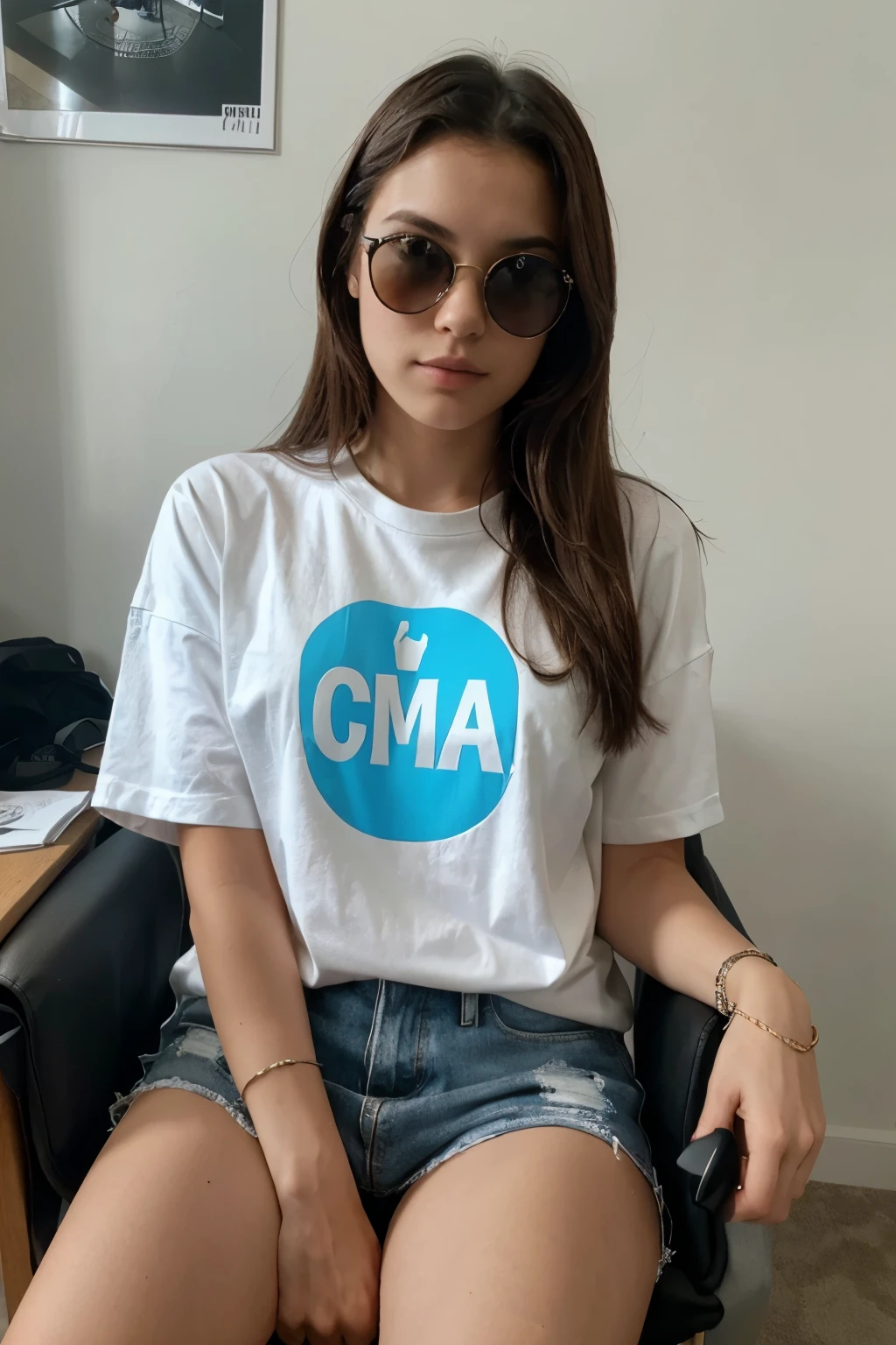 1cool girl sitted on a chair has a "Cam" printed on her shirt
