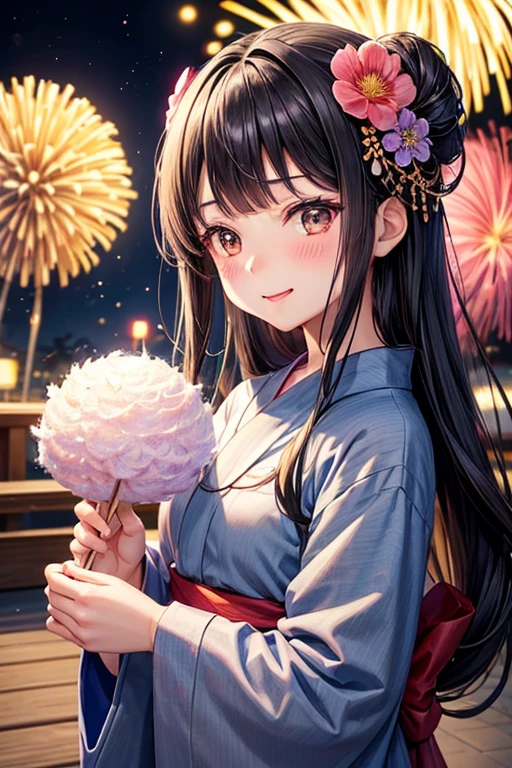 One adult woman,Small ,Black Hair,Medium Long,flower_hair ornaments,Dark brown eyes,light blue_yukata,flower柄_yukata,night,firework,blush,A very happy expression,Mouth wide open,Holding fluffy cotton candy