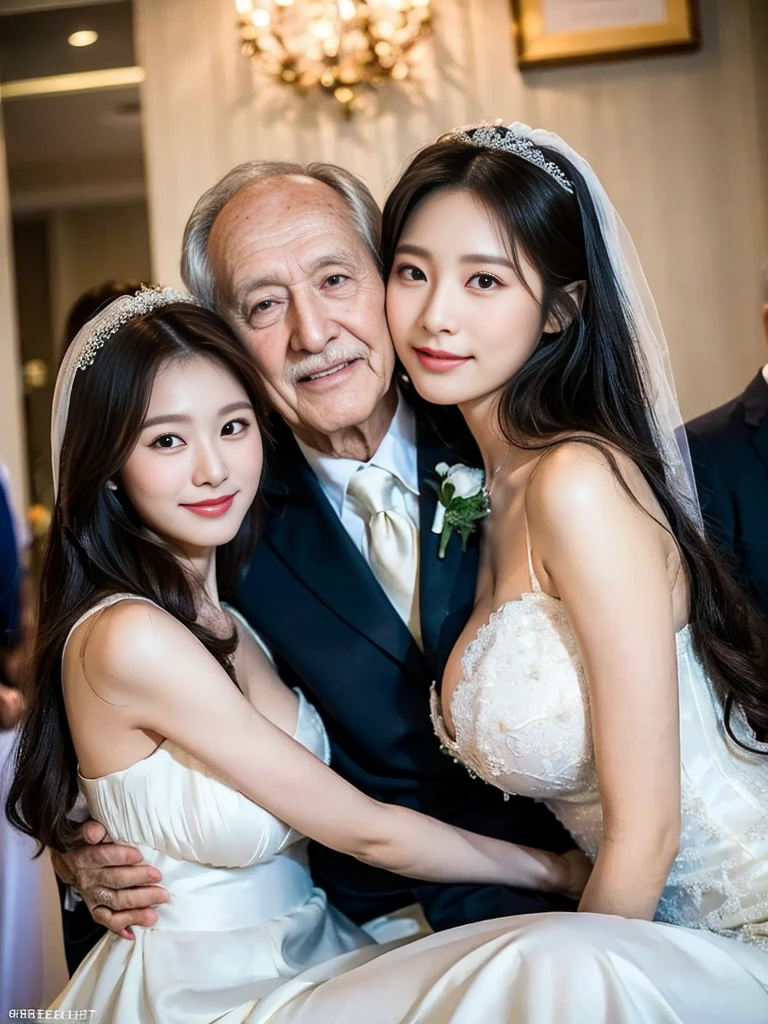 (A super cute Korean high school girl in a wedding dress snuggles up to her elderly grandfather for a family photo:1.2)(A carefree smile:1.1)(Beautiful Sweat:1.1)(16K, RAW Photos, Highest quality, masterpiece: 1.2),(Shiny black hair) Super detailed, Super Resolution, (Genuine, Genuine photos: 1.37), Portraiture, High-resolution RAW color photos, Professional photos, Very detailed, 8k wallpaper, Very detailed CG Unity 8k wallpaper, Very detailed beautiful girls, Very detailed faces, ((whole body)), beautiful woman, Huge breasts,(huge boobs:1.1) (Big Boobs:1.1),high school girl, Korean Girls,(K-POP Female Idols), (Idol-class beauty)(Beautiful high school girl:1.1)(church)(18-year-old)(Wedding dress:1.1),(Family group photo)(Wedding family waiting room)