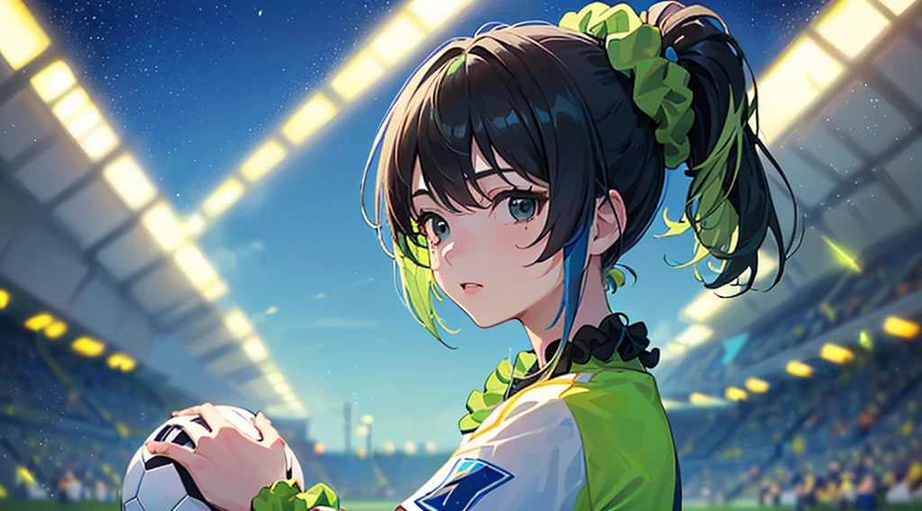 (((Highest quality))),(((masterpiece))),(((A with a ponytail wearing a very bright light green and blue soccer uniform))),School grounds,sunset,(((Blue and black hair:1.3))),Staring at the audience,独奏,(((black eye:1.3))),(((A vibrant light green scrunchie:1.3)))