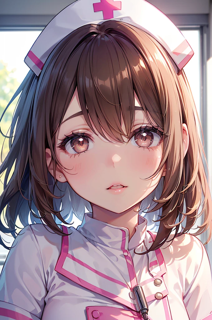 Highest quality, masterpiece, Ultra-high resolution, Realistic, RAW Photos, Intricate details, Portraiture, Big beautiful brown eyes:1.2, Perfect contours, break ((from the front, Close-up of the mouth:1.2, Upturned eyes:1.2)), ((One Girl:1.2))、(chibi girl:1.2), Brown Hair、Bob:1.2, (natural makeup:1.2, parted lips, full lips:1.3, pink lips:1.2, shiny lips:1.2), break (nurse:1.2), (White nurse uniform), (The background is a hospital room:1.2、The morning light is dazzling)