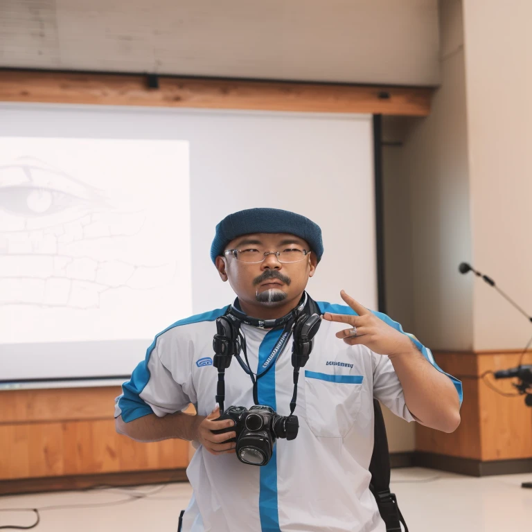 there is a man standing in front of a projector screen holding a camera