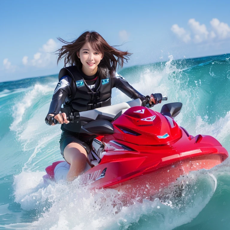 Photo-realistic quality、woman ライディング a jet ski on a wave in the ocean, Beautiful Japanese Model, Riding the wind and waves, Speed across the ocean on a jet ski,looking at the camera、Detailed and beautiful eyes、Cute smile、A soft and gentle look