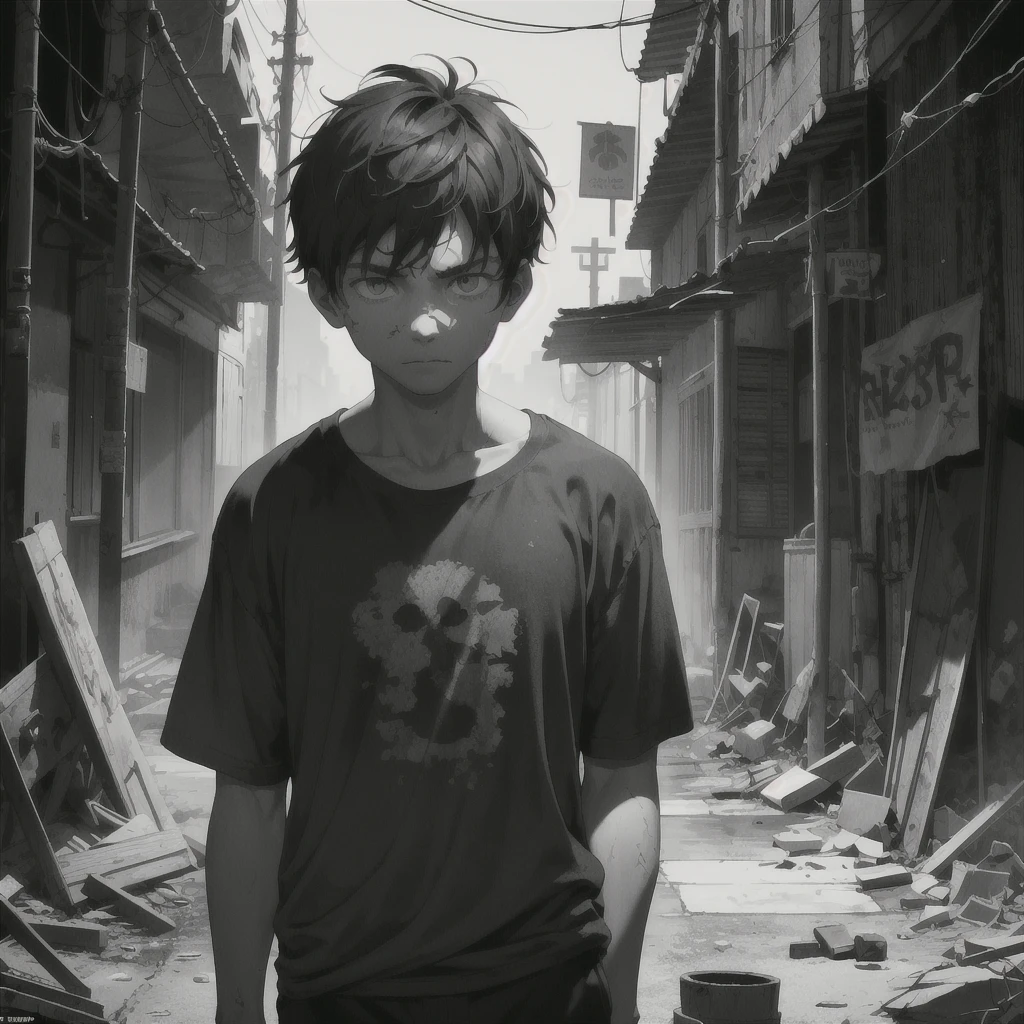In the cinematic 8K landscape of a harsh childhood, a young, weak boy stands alone, his life a story of struggle and resilience. The scene is set against a backdrop of desolate, gray ruins, with no allies or friends in sight. His face, etched with lines of hardship, is a testament to the trials he has faced. His hands, battered and calloused, are clenched into fists, the perfect embodiment of his will to survive. The soft, warm glow of a single lamp casts dramatic shadows upon his face, illuminating the deep sadness etched into his eyes. The boy's life, depicted in this 8K master