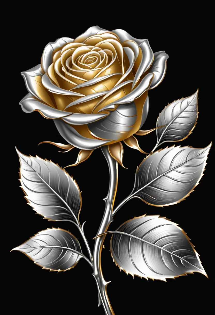Golden rose with silver leaves on black background, sharp edges, masterpiece, drawn with pencil, Vector image
