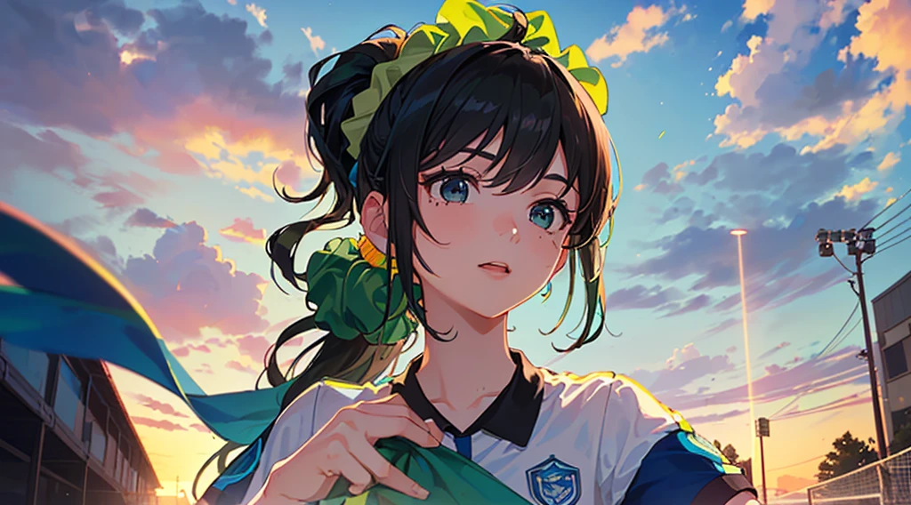 (((Highest quality))),(((masterpiece))),(((A 17-year-old girl with a ponytail wearing a very bright light green and blue soccer uniform))),(((School grounds:1.1))),sunset,(((Blue and black hair:1.3))),Staring at the audience,独奏,(((black eye:1.3))),(((A vibrant light green scrunchie:1.3)))