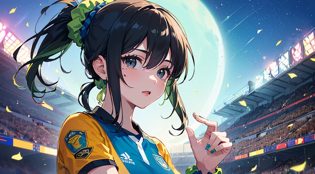 (((Highest quality))),(((masterpiece))),(((A 17-year-old girl with a ponytail wearing a very bright light green and blue soccer uniform))),(((School grounds:1.1))),sunset,(((Blue and black hair:1.3))),Staring at the audience,独奏,(((black eye:1.3))),(((A vibrant light green scrunchie:1.3)))