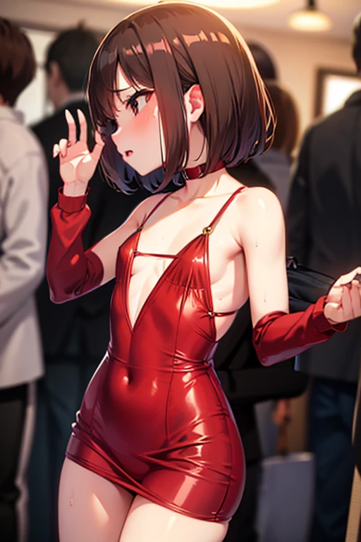 latina woman, brunette skin, smallbreast, chestnut hair, little , in a short red dress,pose sexy, sl party, sevblurred men in the background looking at her