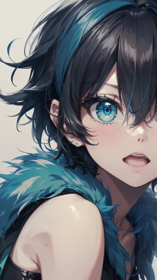 Close-up of a cartoon girl with blue hair and a yellow shirt, 2D Animation, 2D Animation style, 2D Art, 2D Art, 2D from Gorillaz, 2D from Gorillaz, 2D Gorillaz, Screaming Cerket, 2D Sprites, Jinx Face, short hair, Small breasts, hot pants, ((Black Hair, Bright blue fur inside:1.4))