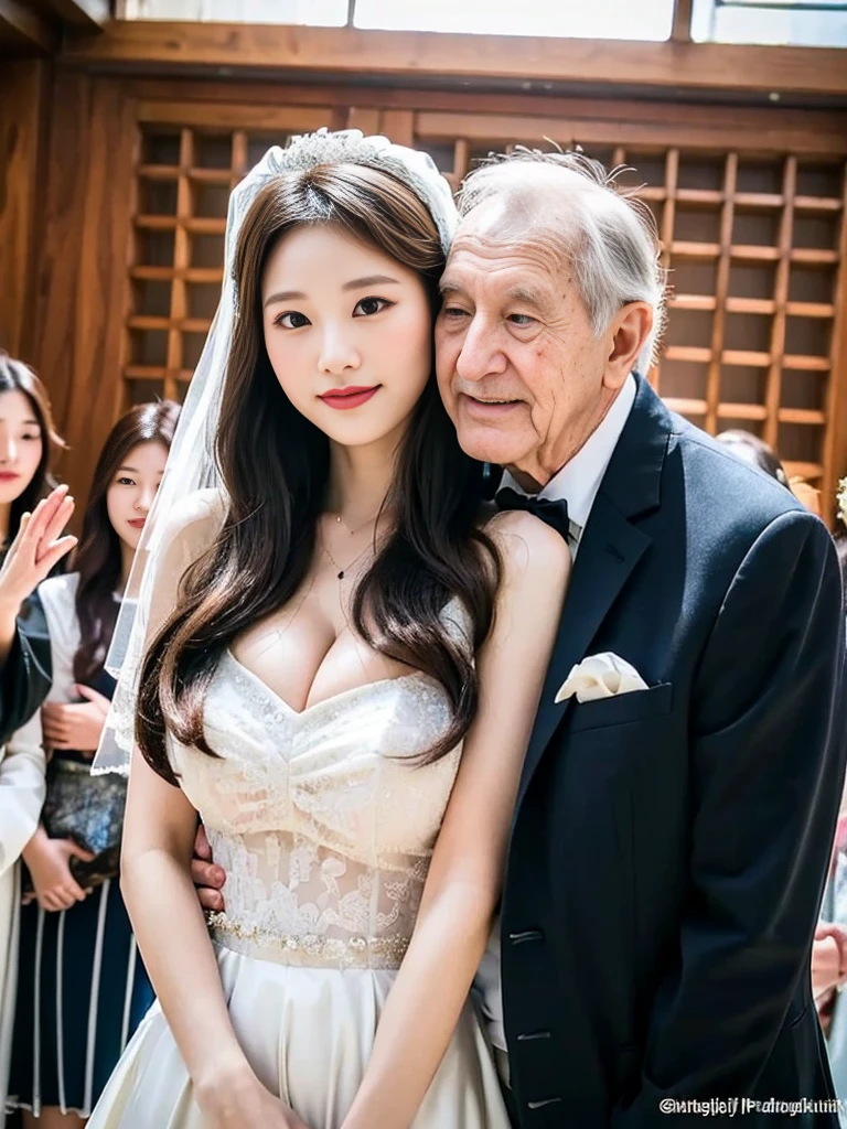 (A super cute Korean high school girl in a wedding dress snuggles up to her elderly grandfather for a family photo:1.2)(A carefree smile:1.1)(Beautiful Sweat:1.1)(16K, RAW Photos, Highest quality, masterpiece: 1.2),(Shiny black hair) Super detailed, Super Resolution, (Genuine, Genuine photos: 1.37), Portraiture, High-resolution RAW color photos, Professional photos, Very detailed, 8k wallpaper, Very detailed CG Unity 8k wallpaper, Very detailed beautiful girls, Very detailed faces, ((whole body)), beautiful woman, Huge breasts,(huge boobs:1.1) (Big Boobs:1.1),high school girl, Korean Girls,(K-POP Female Idols), (Idol-class beauty)(Beautiful high school girl:1.1)(church)(18-year-old)(Wedding dress:1.1),(Family group photo)(Wedding family waiting room)