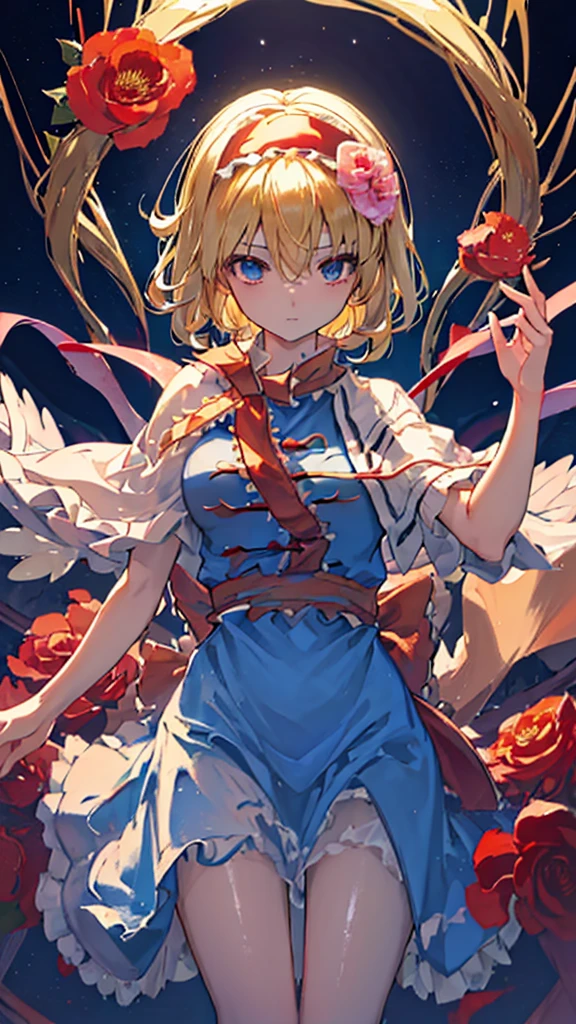 Official Art, unity 8k wallpaper, Very detailedな, Beautiful yet fleeting、((One girl))beautiful,((masterpiece)),((Alice Margatroid) Highest quality,((Accurate human body depiction)) ((Flower Ecstasy)), Very detailed, Red headband、Dynamic Angle, ((Touhou Project)), ((The most beautiful form of chaos)), ((Blonde)).elegant, Brutalist Design, Vibrant colors,Ashley Wood, Atmospheric((Shiny Hair))(())((Highest quality))