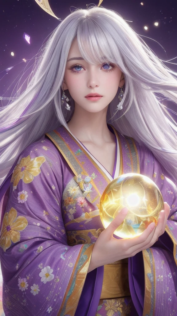 (masterpiece:1.3), (8k, photorealistic, raw photo, highest quality:1.4), (one girl), beautiful face, (realistic face), (long hair), (silver hair, near white hair, shiny hair, beautiful straight hair), (even bangs), (Sharp bangs), straight hairstyle, realistic eyes, beautiful detailed eyes (purple eyes), (sharp eyes), (realistic skin), beautiful skin, (kimono), (magician's kimono), (flower hair ornament), attractive, ultra high resolution, ultra realistic, highly detailed, golden ratio, colorful background, (flowers blooming), (energy dancing background), magician, facing forward, facing from shoulders, looking straight ahead, both shoulders facing towards you, holding crystal ball, (heart crystal ball, love crystal ball).Anatomically correct, Highest quality, accurate, High resolution, Facing forward,