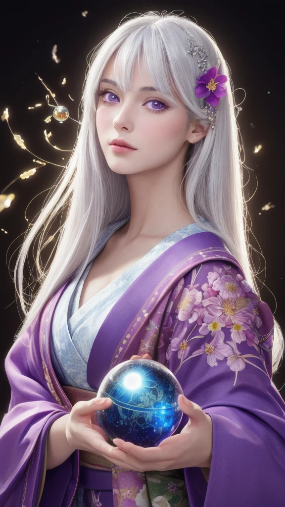 (masterpiece:1.3), (8k, photorealistic, raw photo, highest quality:1.4), (one girl), beautiful face, (realistic face), (long hair), (silver hair, near white hair, shiny hair, beautiful straight hair), (even bangs), (Sharp bangs), straight hairstyle, realistic eyes, beautiful detailed eyes (purple eyes), (sharp eyes), (realistic skin), beautiful skin, (kimono), (magician's kimono), (flower hair ornament), attractive, ultra high resolution, ultra realistic, highly detailed, golden ratio, colorful background, (flowers blooming), (energy dancing background), magician, facing forward, facing from shoulders, looking straight ahead, both shoulders facing towards you, holding crystal ball, (heart crystal ball, love crystal ball).Anatomically correct, Highest quality, accurate, High resolution, Facing forward,