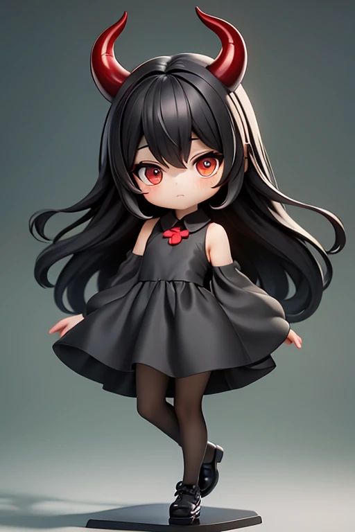 Young Girl,,Wearing a one-piece dress,Mini character,Red eyes,Black Hair,Long Hair,Dark atmosphere,Deformed character,Horns growing,Ahoge,Pale skin,eyes are half closed,Troubled face,Confused eyes

