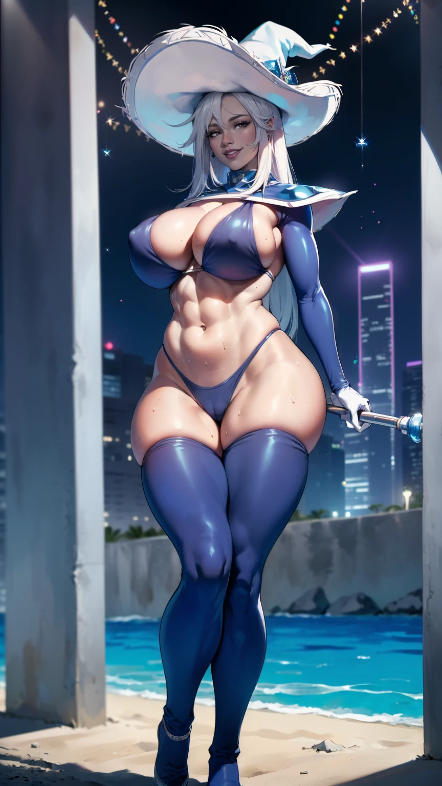 Silent magician, milf, old woman, white hair, sports Bikini, ((sports bikini azul, flushed, smile coqueta, black lipstick)) , (( flushed, smile, oiled skin, mucha piel visible)), long hair, white hair, picking up her breasts, (( sports bikini, picking up her breasts)), curvy body, (( gigantic sagging breast, showing off her breasts, exhibitionism, usando solo guantes blancos y sombrero de mago blanco)), cuerpo desnudo, long legs, open legs , abs , muscle, Iparuputsua, standing, on the beach at night, city lights in the distance, Cancun, image from below