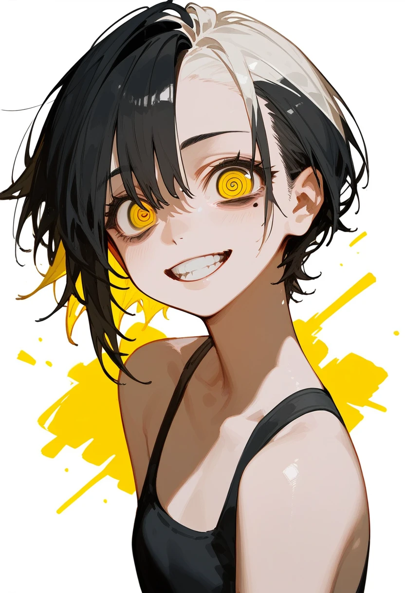 Black and white bicolor hair, solo,Asymmetrical hair, short hair, Mole under the eye, Crazy Eyes, Yellow Eyes, Has lamb&#39;s ears, tooth。anime, Chiaroscuro, ,Stylish black clothes。 Put your hands in your pockets。Ultra-high resolution, Glowing Skin, masterpiece,, Highest quality, 8k