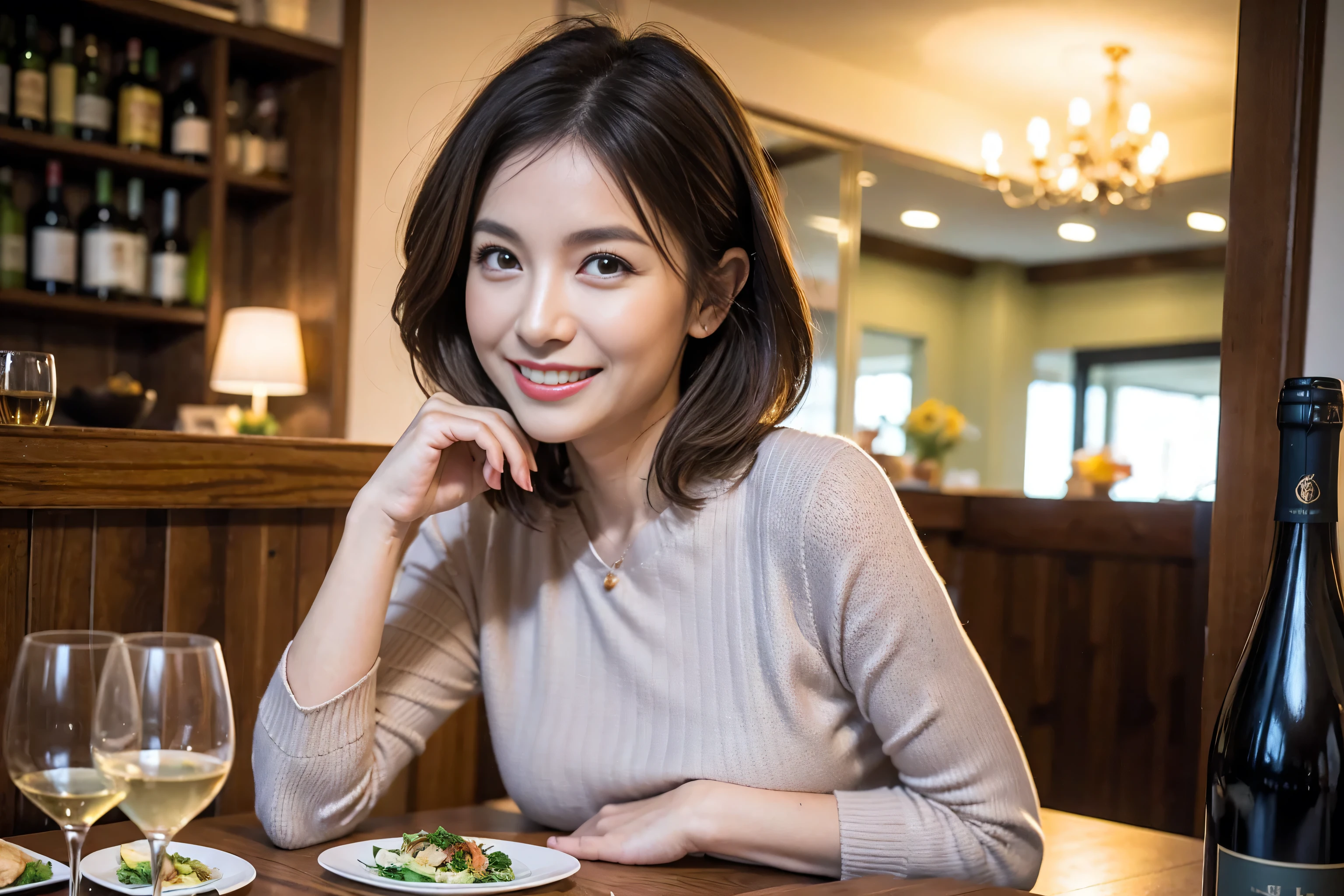 （Realistic:1.1）,(masterpiece,Highest quality)，8k,(49 years old), 53 years old, slimカップル、Tight waist,Upper Body,full-course dinner、wine 、Amazing view of the sunset sky and clouds、Perfect Anatomy, Brown Hair, short hair,Random Hairstyles,((Highly detailed face and eyes:1.2))，Perfect golden ratio face，Long sleeve shirt、dress,(smile:1.2)、Shortcuts、cute、(Realistic, Intricate details:1.2), A bright smile、short hair,Bright Face、赤wine 、Appetizers、Italian food、wine bottle、Champagne、スパークリングwine、(slimな顔), (The body is slim), (Brown Hair), (Shortcuts),  Upper Body, 白wine, slim, wineグラス, 