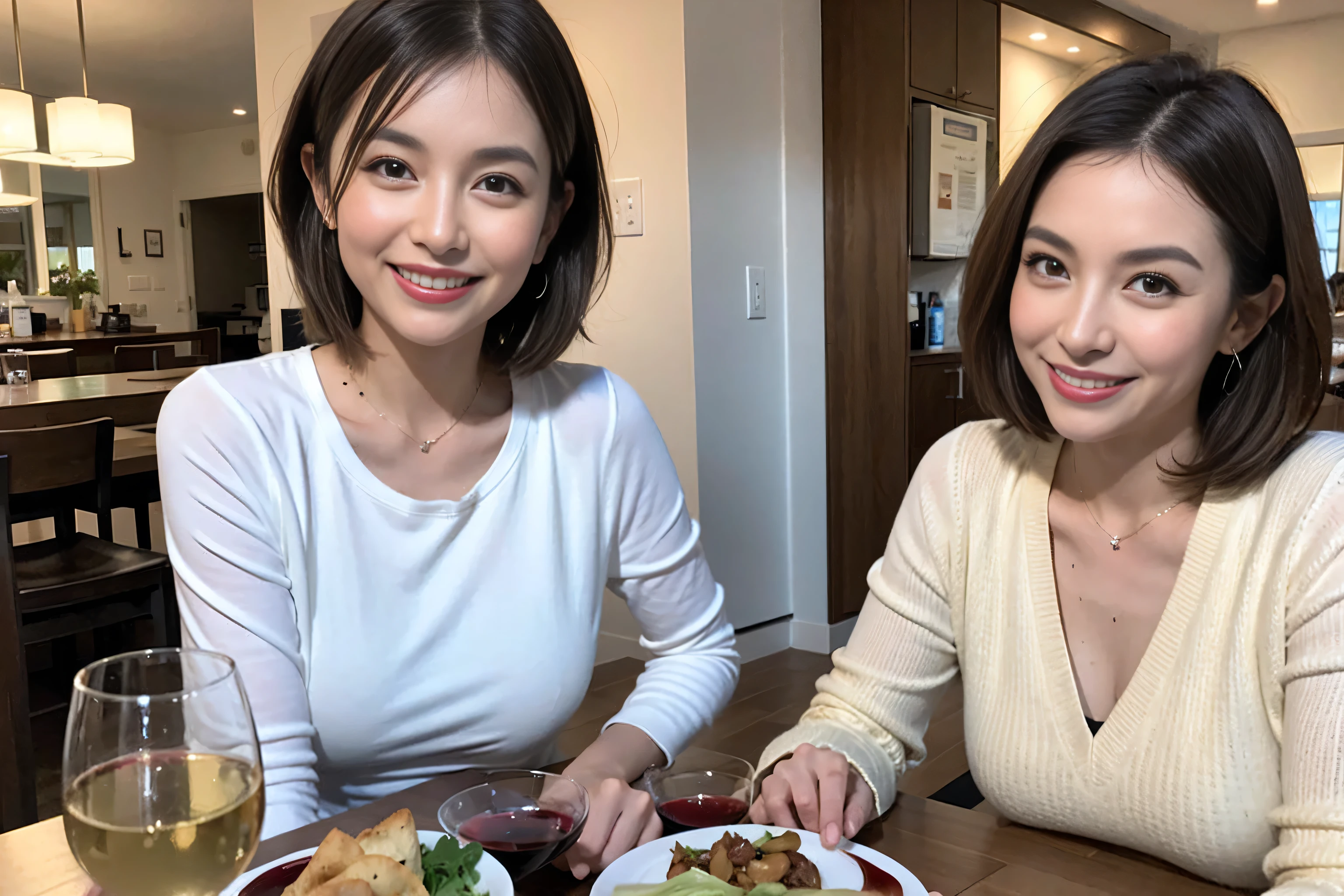 （Realistic:1.1）,(masterpiece,Highest quality)，8k,(49 years old), 50 years old, slimカップル、Tight waist,Upper Body,full-course dinner、wine 、Amazing view of the sunset sky and clouds、Perfect Anatomy, Brown Hair, short hair,Random Hairstyles,((Highly detailed face and eyes:1.2))，Perfect golden ratio face，Long sleeve shirt、dress,(smile:1.2)、Shortcuts、cute、(Realistic, Intricate details:1.2), A bright smile、short hair,Bright Face、赤wine 、Appetizers、Italian food、wine bottle、Champagne、スパークリングwine、(slimな顔), (The body is slim), (Brown Hair), (Shortcuts),  Upper Body, 白wine, slim, wineグラス, 
