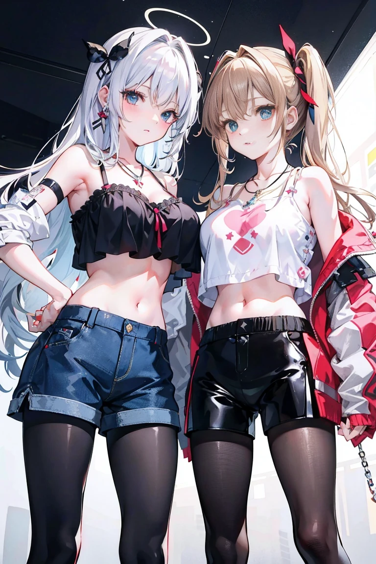 twin, masterpiece,best quality,Official Art,Extremely detailed CG unity 8k wallpaper, 2 girls, cute female , Yuri, Hair accessories, shorts, Crop Top, Pantyhose, Ribbon_Necklace, Leg strap,bitch,,big breast