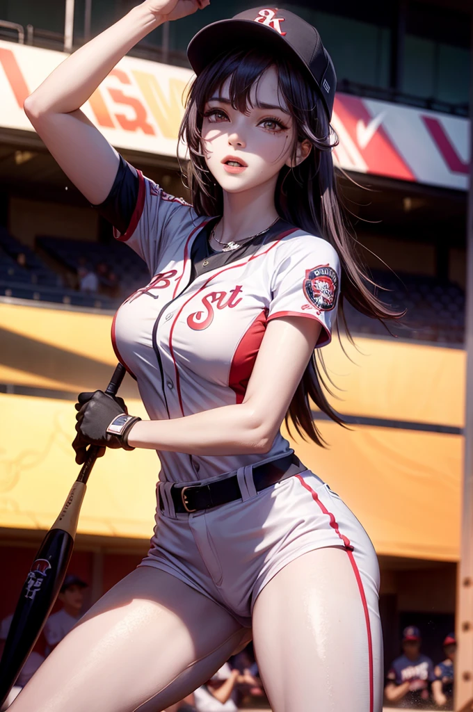 (Details of a very beautiful face), (Best quality:1.4), 8K resolution, high resolution, 1womanl, Beautiful woman, The best beauty, Super beautiful detail face, Smooth skin, Beautiful eyes that are not meticulous, Fine skin texture, Gloss on lips, parted lip, Japanese, Baseball yellow uniforms, basebal redl cap,, Large breasts, Thin waist, big assa, Play baseball, baseball stadium, full of sweat, splashing sweat, sport, Leaping, Dynamic pose,Hand detail(1.5)