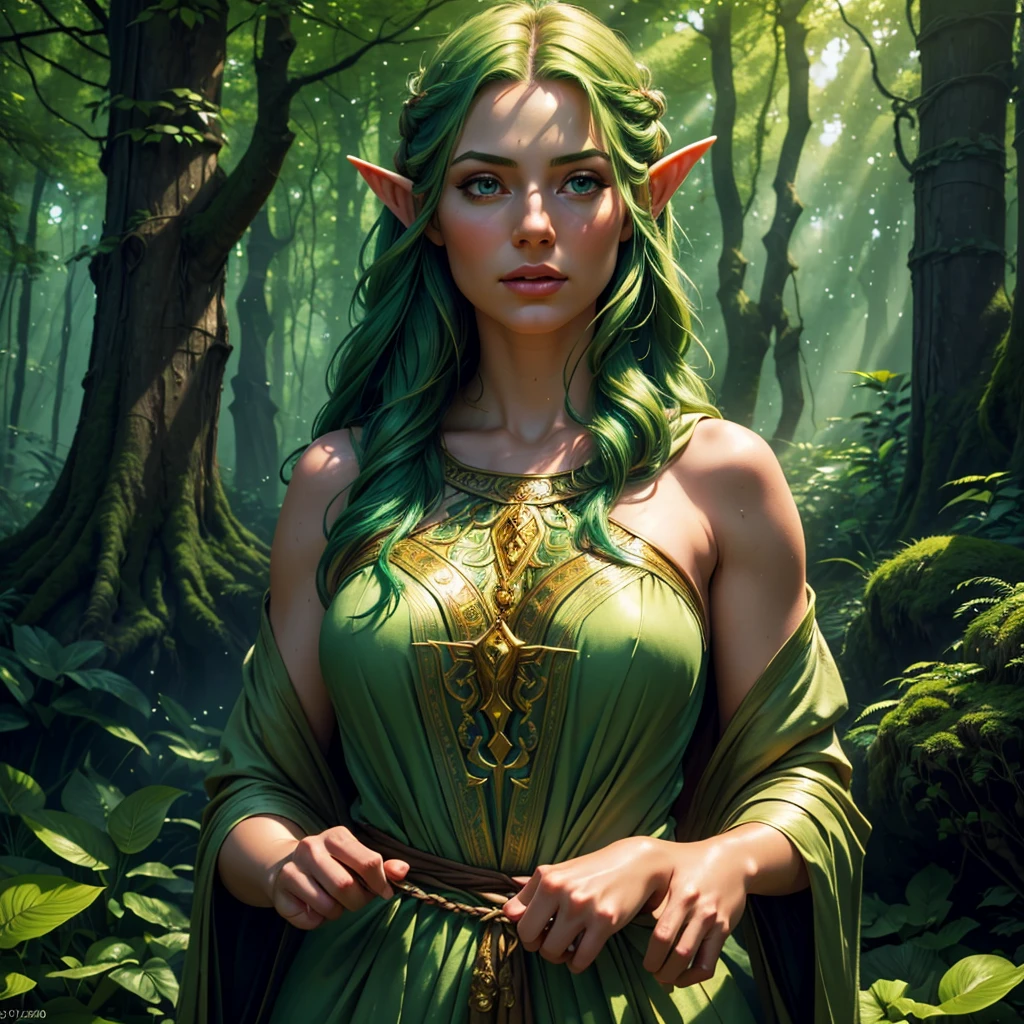 a beautiful young girl elf druid, delicate facial features, long pointed ears, flowing green hair, wearing intricate nature-inspired robes, standing in a lush green forest, sunlight filtering through the trees, magical glowing mushrooms and flora surrounding her, peaceful and serene atmosphere, (best quality,4k,8k,highres,masterpiece:1.2),ultra-detailed,(realistic,photorealistic,photo-realistic:1.37),detailed portrait, fantasy, hyperrealistic, cinematic lighting, vibrant colors, highly detailed, intricate details