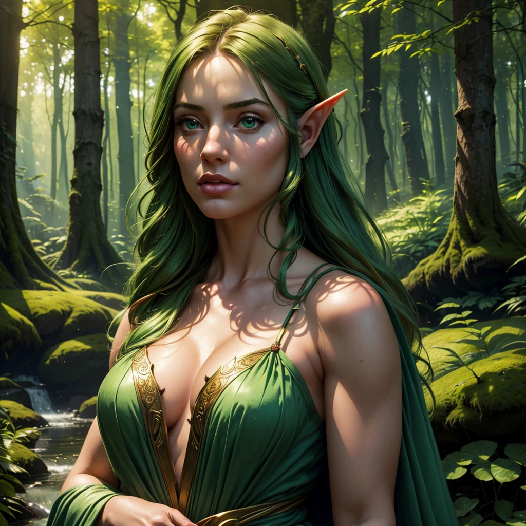a beautiful young girl elf druid, delicate facial features, long pointed ears, flowing green hair, wearing intricate nature-inspired robes, standing in a lush green forest, sunlight filtering through the trees, magical glowing mushrooms and flora surrounding her, peaceful and serene atmosphere, (best quality,4k,8k,highres,masterpiece:1.2),ultra-detailed,(realistic,photorealistic,photo-realistic:1.37),detailed portrait, fantasy, hyperrealistic, cinematic lighting, vibrant colors, highly detailed, intricate details