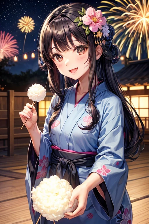 One adult woman,Small ,Black Hair,Medium Long,flower_hair ornaments,Dark brown eyes,light blue_yukata,flower柄_yukata,night,firework,A very happy expression,Mouth wide open,smile,Holding fluffy cotton candy