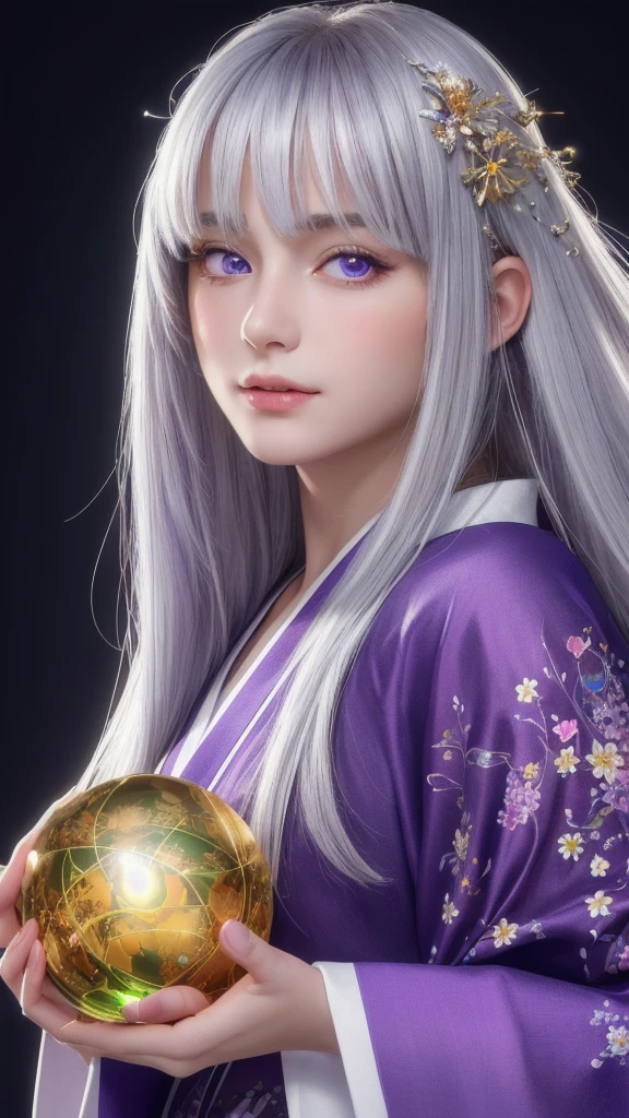 (masterpiece:1.3), (8k, photorealistic, raw photo, highest quality:1.4), (one girl), beautiful face, (realistic face), (long hair), (silver hair, near white hair, shiny hair, beautiful straight hair), (even bangs), (Sharp bangs), straight hairstyle, realistic eyes, beautiful detailed eyes (purple eyes), (sharp eyes), (realistic skin), beautiful skin, (kimono), (magician's kimono), (flower hair ornament), attractive, ultra high resolution, ultra realistic, highly detailed, golden ratio, colorful background, (flowers blooming), (energy dancing background), magician, facing forward, looking straight ahead, Facing forward, facing towards you, holding crystal ball, (heart crystal ball, love crystal ball).Anatomically correct, Highest quality, accurate, High resolution, Facing forward, 