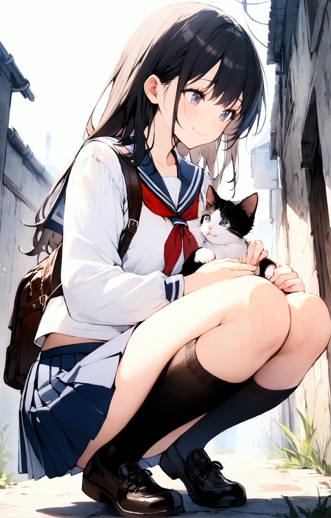 One Woman、1 kitten、Alley、heavy rain、beautiful girl、Sailor suit、smile、Look at the kitten、Pleated skirt、Holding a backpack with both hands、Year: 18、Long Hair, Highest quality, Body Type、small 、small ass、Black Hair、Black knee-high socks、Cowboy Shot、Ultra-high definition images、Squatting down to fix shoelaces、Angle from directly below、Petting a cat、Holding a kitten、Pick up a kitten