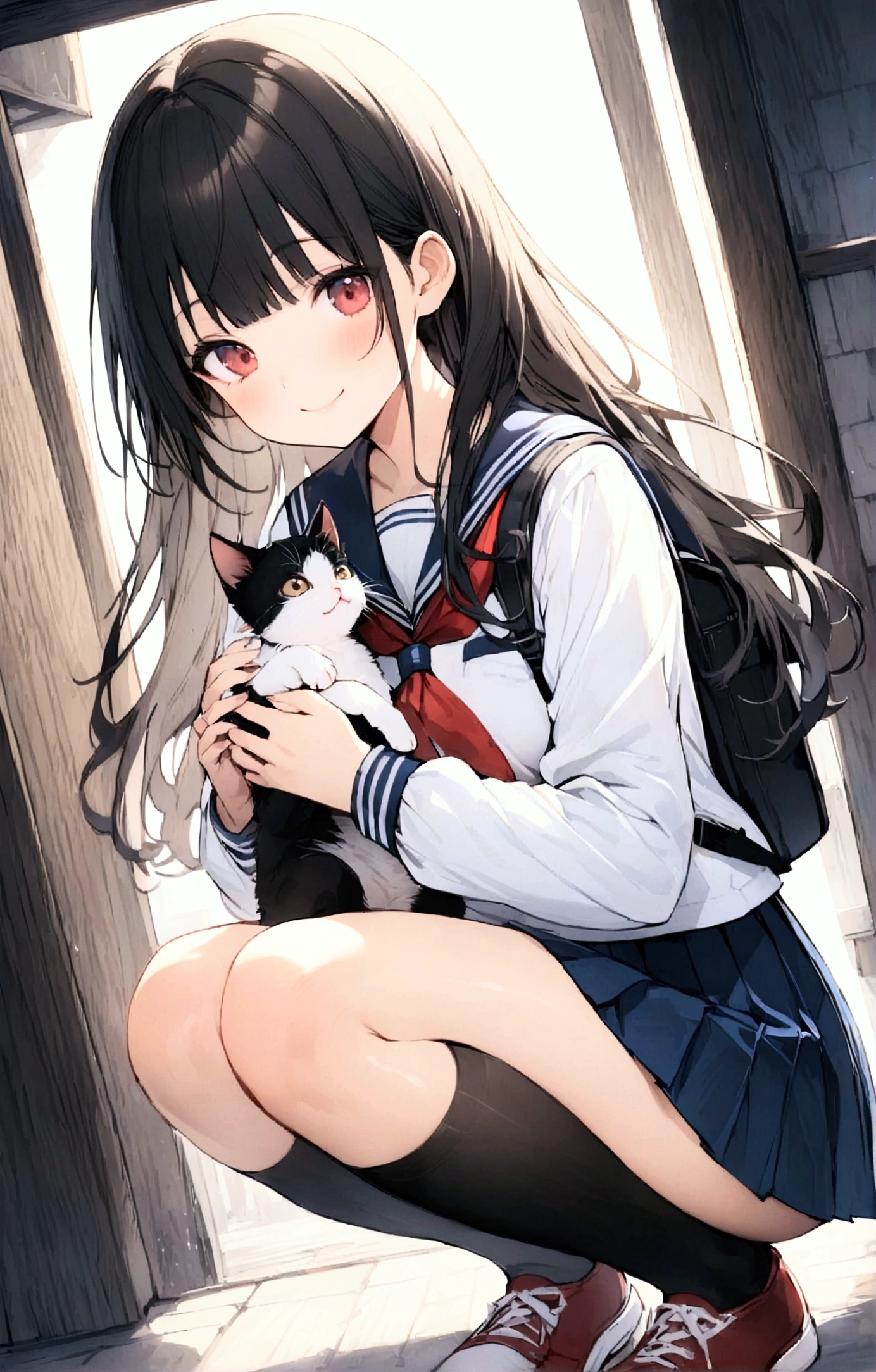 One Woman、1 kitten、Alley、heavy rain、beautiful girl、Sailor suit、smile、Look at the kitten、Pleated skirt、Holding a backpack with both hands、Year: 18、Long Hair, Highest quality, Body Type、small 、small ass、Black Hair、Black knee-high socks、Cowboy Shot、Ultra-high definition images、Squatting down to fix shoelaces、Angle from directly below、Petting a cat、Holding a kitten、Pick up a kitten
