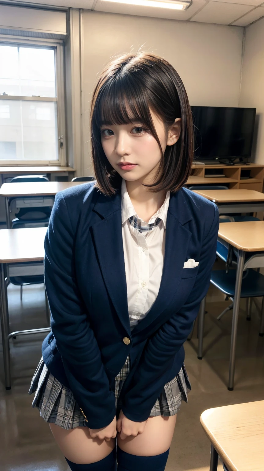masterpiece, best quality, illustration, Super detailed, fine details, High resolution, 8K,wall paper, perfect dynamic composition,(Details High quality, realistic depiction of eyes:1.3), from side, High School Classroom、High school girl uniform、blazer 、Super Short Check Uniform Skirt、Navy blue high socks、garterbelts、Colossal tits、Disturbed uniform, short bob hair, black hair color, large breasts, Big Natural Color Lip, bold sexy pose, (perfect body shape), crying a little、cold gaze, Harajuku style、20 year old girl、cute type, beautiful legs, hposing Gravure Idol, Voluptuous thighs