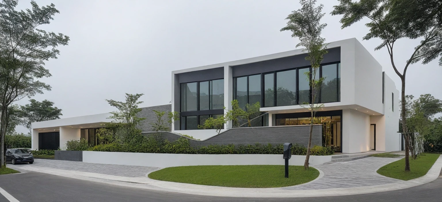 RAW photo, a photo of a modern house, (curvilinear chrchitecture:1.4), Wabisabi style rounded wall, white wall, steel dark gate, sidewalk, sidewalk trees, ((grey gate:1.2)), road, viet nam modern residence, ((architectural shot)), rough white wall, new residential area, wide angle exterior 2022, contemporary house, exterior photography, masterpiece, contemporary architecture, overcast, indirect lighting