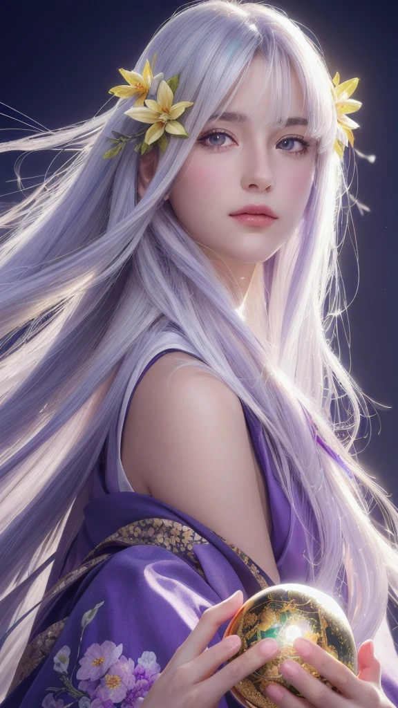 (masterpiece:1.3), (8k, photorealistic, raw photo, highest quality:1.4), (one girl), beautiful face, (realistic face), (long hair), (silver hair, near white hair, shiny hair, beautiful straight hair), (even bangs), (Sharp bangs), straight hairstyle, realistic eyes, beautiful detailed eyes (purple eyes), (sharp eyes), (realistic skin), beautiful skin, (kimono), (magician's kimono), (flower hair ornament), attractive, ultra high resolution, ultra realistic, highly detailed, golden ratio, colorful background, (flowers blooming), (energy dancing background), magician, facing forward, looking straight ahead, Facing forward, facing towards you, holding crystal ball, (heart crystal ball, love crystal ball).Anatomically correct, Highest quality, accurate, High resolution, Facing forward, 