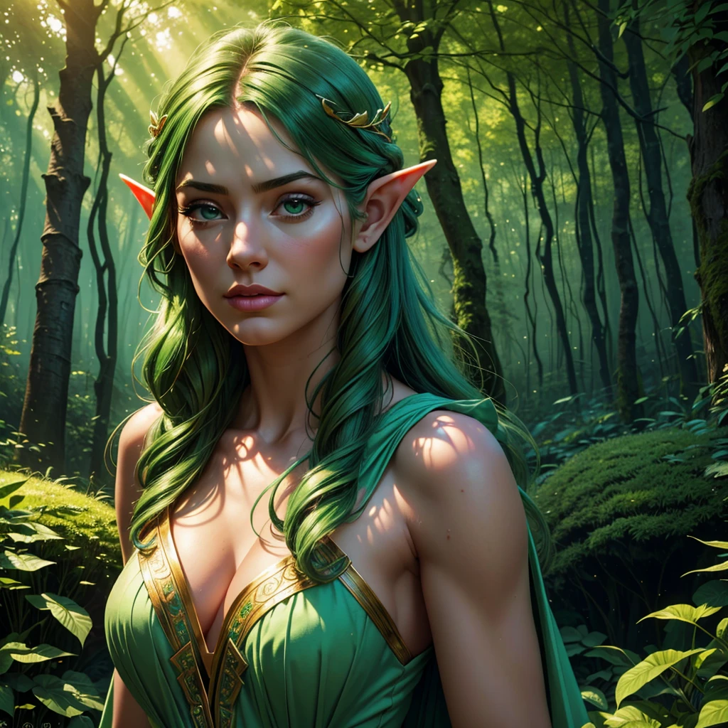 a beautiful young girl elf druid, delicate  features, long pointed ears, flowing green hair, wearing intricate nature-inspired robes, standing in a lush green forest, sunlight filtering through the trees, magical glowing mushrooms and flora surrounding her, peaceful and serene atmosphere, (best quality,4k,8k,highres,masterpiece:1.2),ultra-detailed,(realistic,photorealistic,photo-realistic:1.37),detailed portrait, fantasy, hyperrealistic, cinematic lighting, vibrant colors, highly detailed, intricate details, comic style