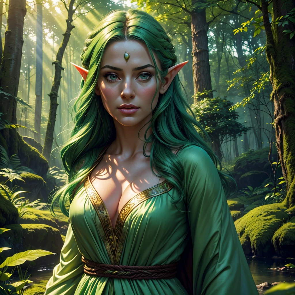 a beautiful young girl elf druid, delicate facial features, long pointed ears, flowing green hair, wearing intricate nature-inspired robes, standing in a lush green forest, sunlight filtering through the trees, magical glowing mushrooms and flora surrounding her, peaceful and serene atmosphere, (best quality,4k,8k,highres,masterpiece:1.2),ultra-detailed,(realistic,photorealistic,photo-realistic:1.37),detailed portrait, fantasy, hyperrealistic, cinematic lighting, vibrant colors, highly detailed, intricate details, comic style
