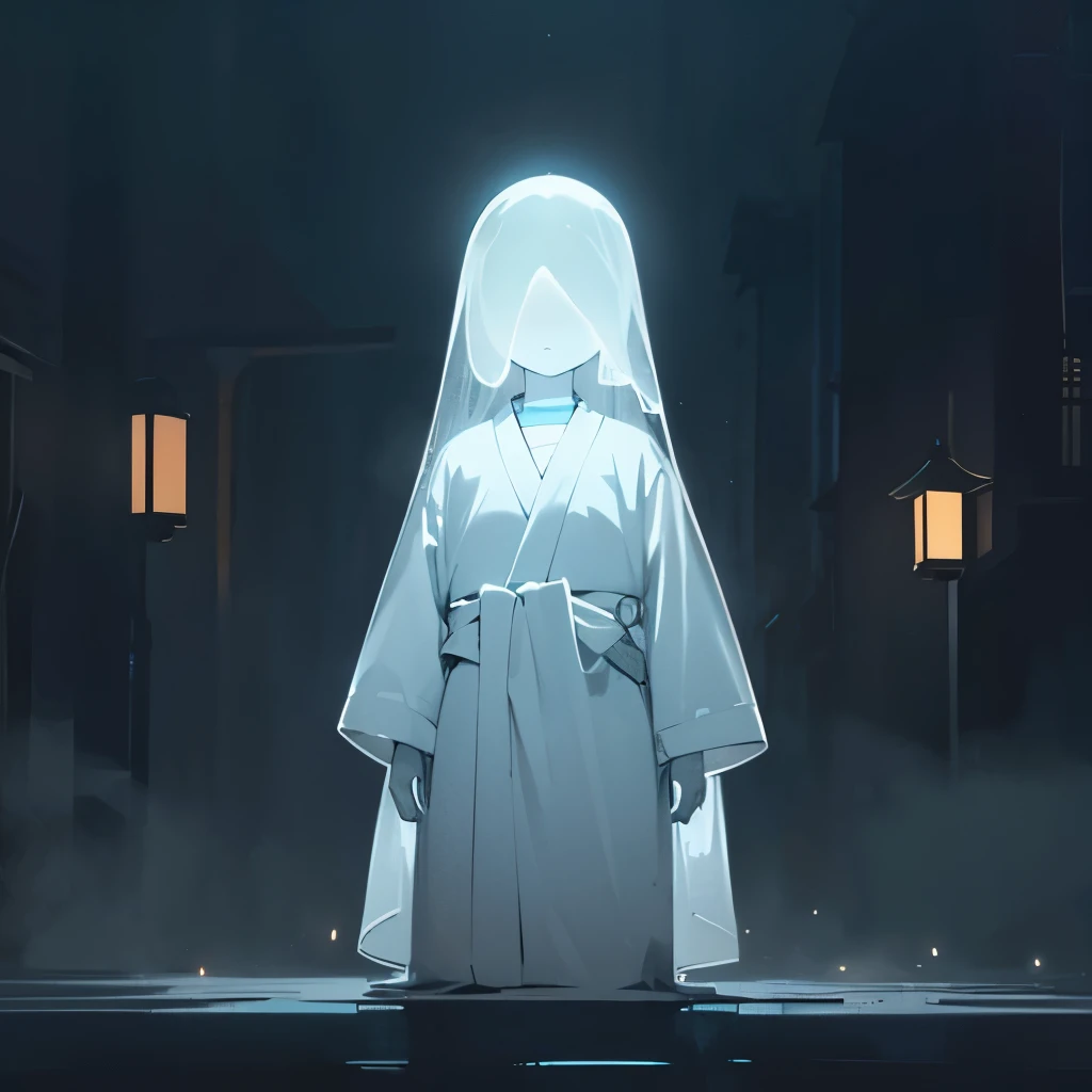 Generate an AI artwork featuring Noppera-bou, a faceless ghost from Japanese folklore. Depict a figure with a completely smooth, blank face, with no eyes, nose, or mouth, giving an eerie and unsettling impression. The figure should be dressed in traditional Japanese clothing, such as a kimono, with simple designs. The setting is a dark and quiet street at night, illuminated by dim lanterns casting a soft glow. The atmosphere should be eerie and mysterious, with long shadows and a sense of isolation and quiet. The faceless figure, with its featureless, smooth face, should stand out prominently against the background.