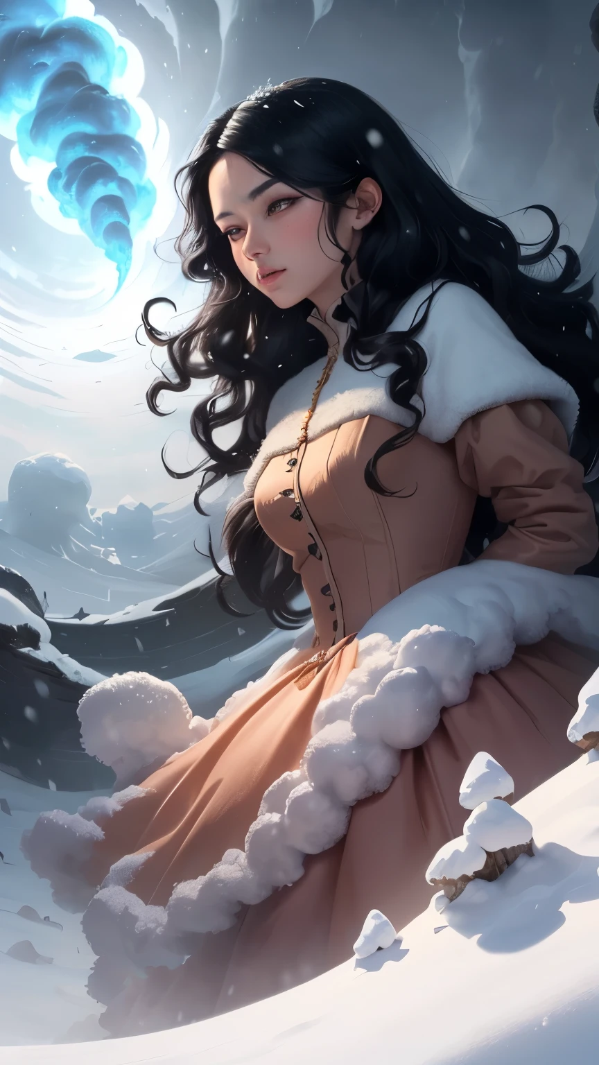 ((best quality)), ((masterpiece)), (detailed), A digital illustration of a long black haired women wearing a peach color princess dress creating a snow made giant tornado with monsters in the background.The background is heavy snow