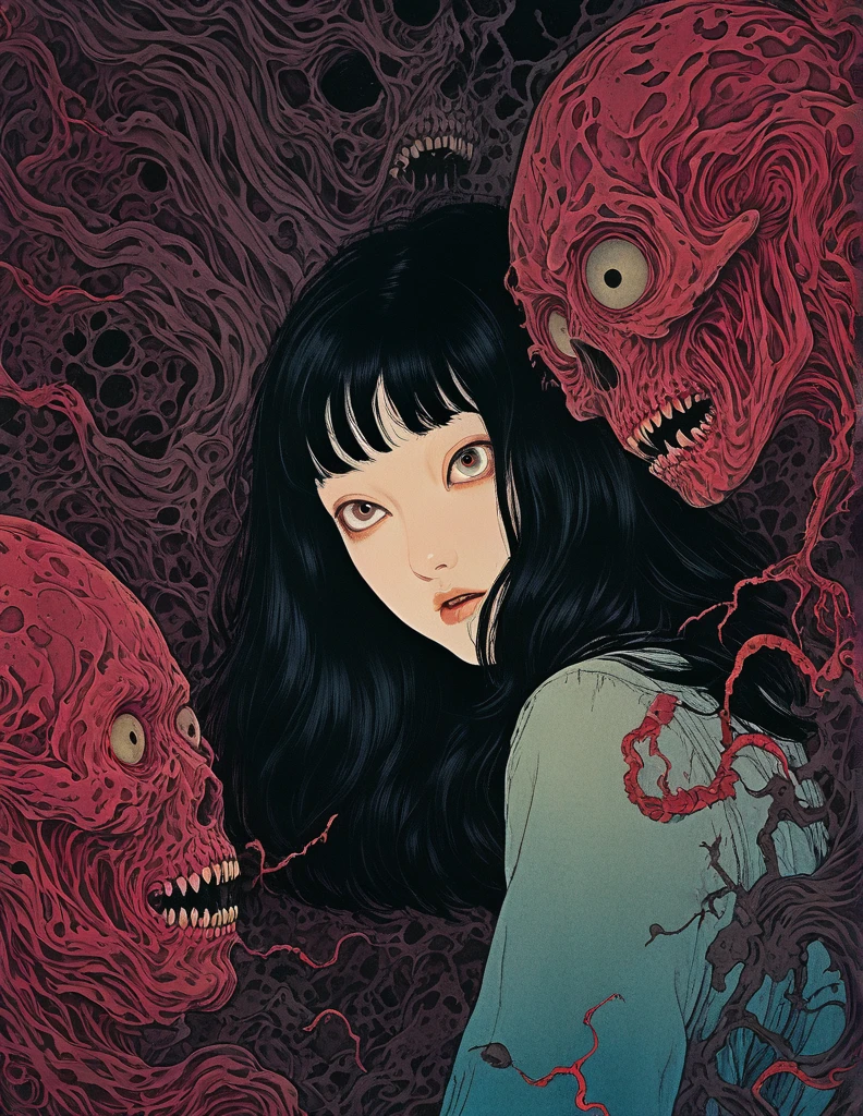 An illustration、art、70s horror movie posters, Supervised by Junji Ito、High detail, Realistic Shadows、Analog Style, chromatic aberration, Surrealism、Complementary Gradient