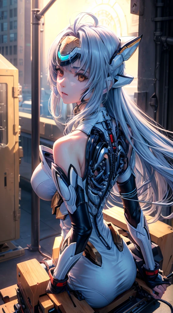 top-quality、masterpiece、超A high resolution、(Photorealsitic:1.4)、女の子1人、Light blue hair、Straight hair, shiny and clean hair、White shiny skin、Sexy Cyberpunk Girl、((super realistic details))、Shadow、octan render、ultrasharp、hyperdetailed face、Fiberglass、Luminous tube、highly intricate detail、Realistic light、CGSoation Trends、((Golden Eyes))、(Facing the camera)、neon detailechanical limbechanical vertebrae attached to the back、mechanical cervical attaching to neck、Wires and cables connecting to the head、((valkyrie))、((Beam Cannon))、Combat stance