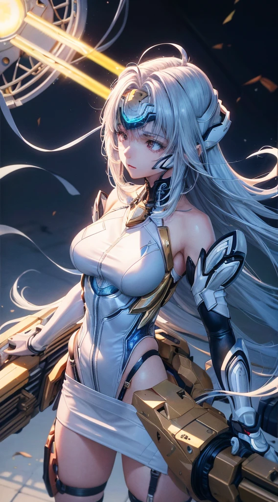top-quality、masterpiece、超A high resolution、(Photorealsitic:1.4)、1人、Light blue hair、Straight hair, shiny and clean hair、White shiny skin、Sexy Cyberpunk Girl、((super realistic details))、Shadow、octan render、ultrasharp、hyperdetailed face、Fiberglass、Luminous tube、highly intricate detail、Realistic light、CGSoation Trends、((Golden Eyes))、(Facing the camera)、neon detailechanical limbechanical vertebrae attached to the back、mechanical cervical attaching to neck、Wires and cables connecting to the head、((valkyrie))、((Beam Cannon))、Combat stance