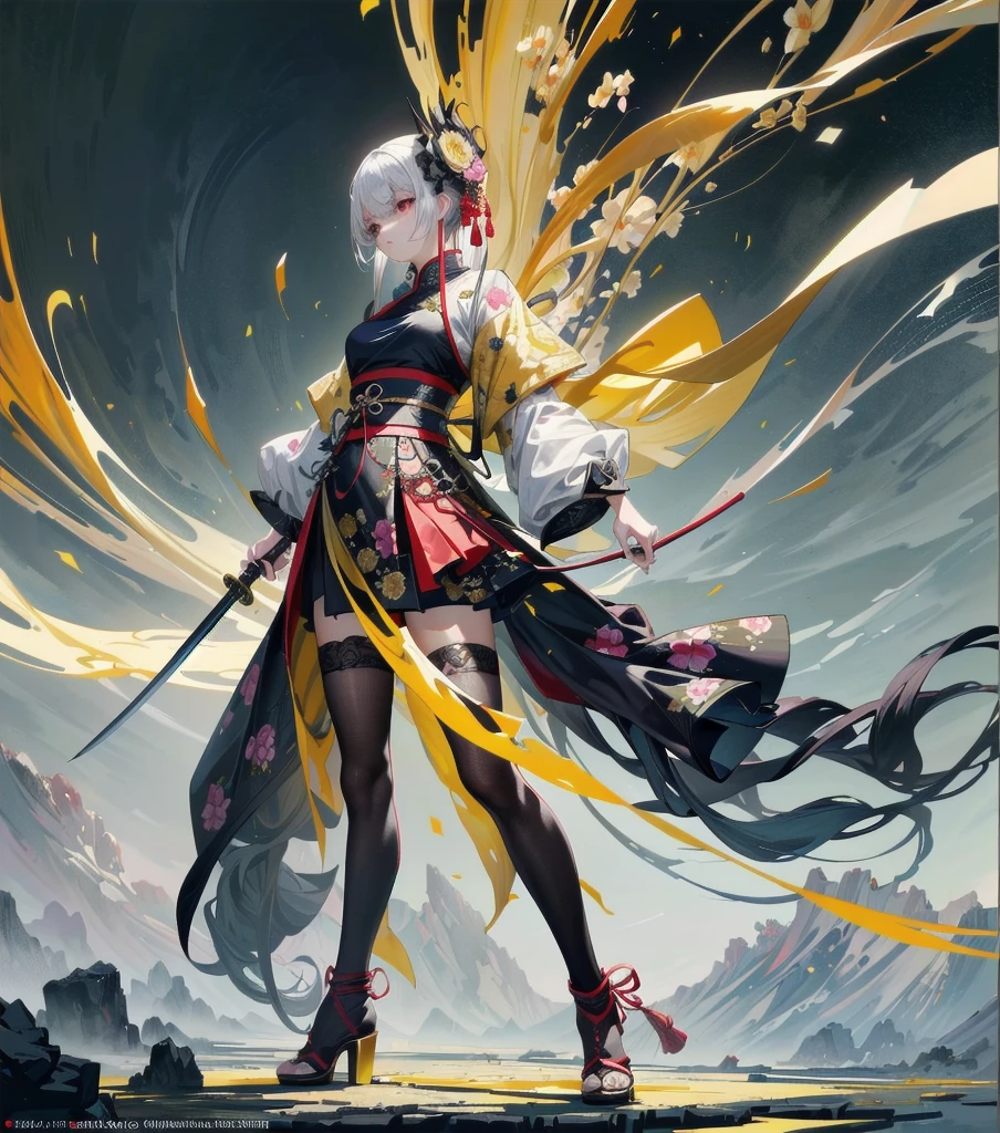 ultra high resolution,((masterpiece))),(((best quality))),((super detailed)),((extremely delicate and beautiful)),(wide shot, wide-angle lens,Panoramic:1.2),super vista,super wide Angle,Low Angle shooting,super wide lens,highly detailed,(masterpiece, top quality, best quality, official art, beautiful and aesthetic:1.2),(fractal art:1.2),
xuer ai yazawa style girl,1girl,solo,holding weapon,katana,floral print,looking at viewer,fighting stance,eastern dragon,braid,floral print,Ink,ink splatter,
(disgust:1.3),(full body:1.4),A shot with tension,(sky glows yellow,Visual impact,giving the poster a dynamic and visually striking appearance:1.2),Chinese Zen style,impactful picture,